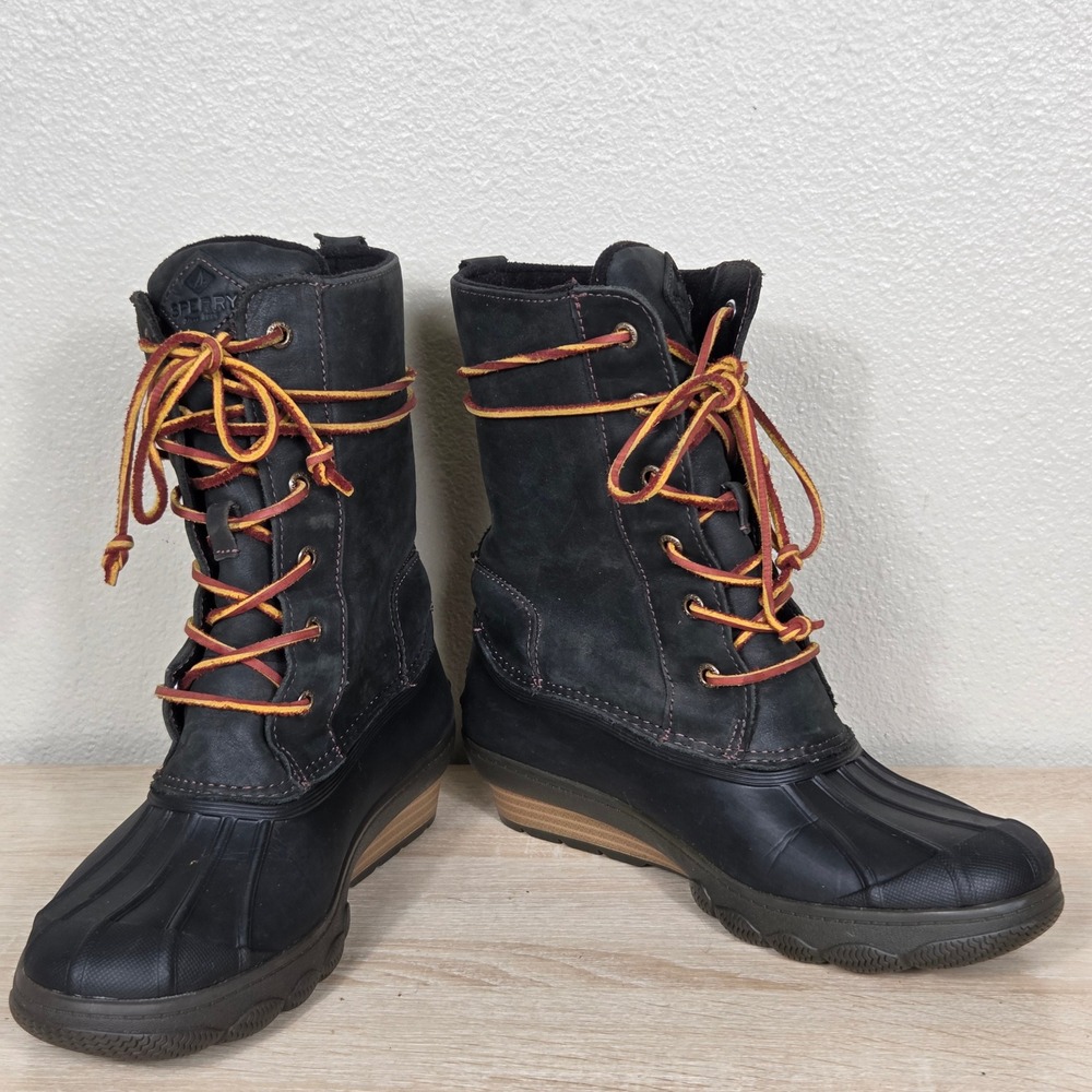 Sperry Saltwater Duck Boots Women's 8 Black Leather Waterproof Lace Up STS80766